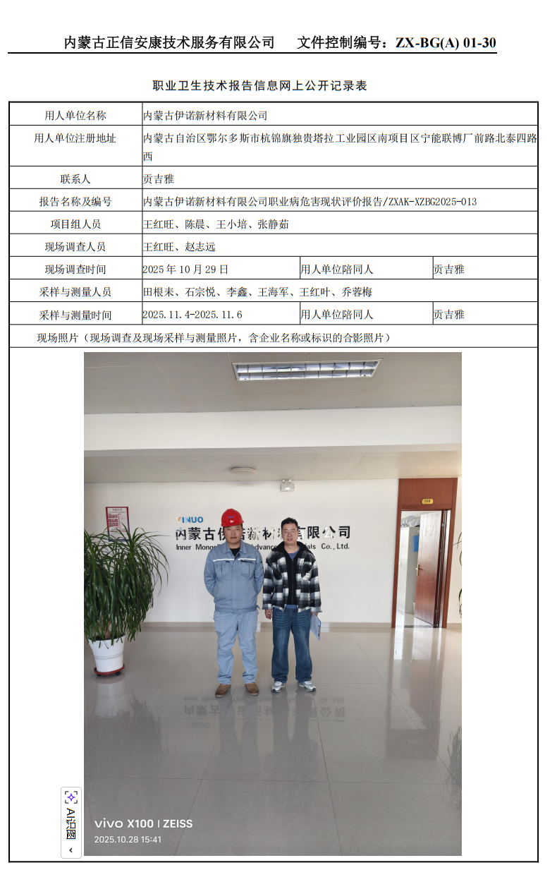 內蒙古伊諾新材料有限公司職業(yè)病危害現(xiàn)狀評價報告